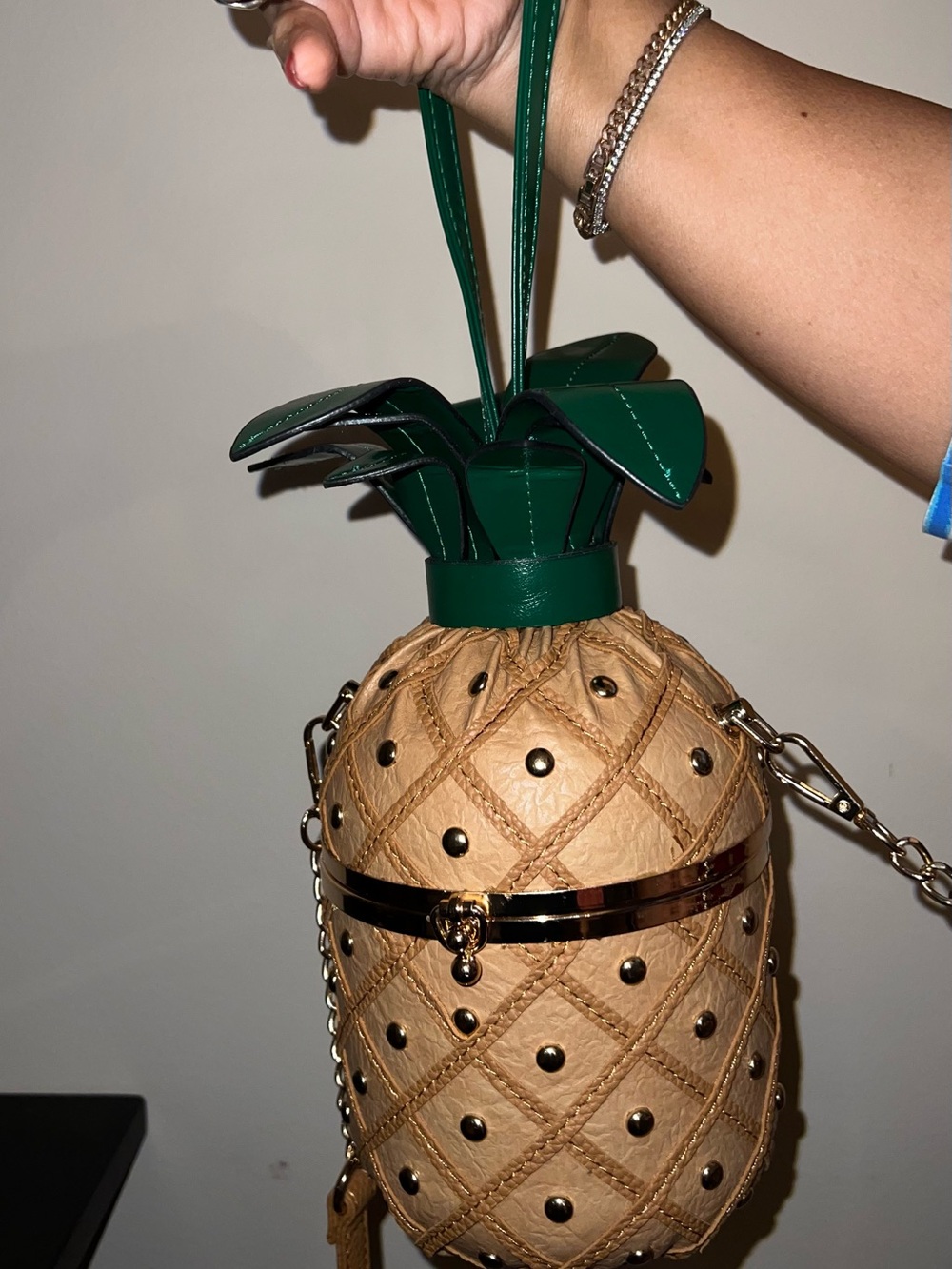 Pineapple Mini Crossbody in Tan with Green Top with Top Handle